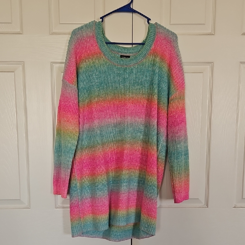 Torrid Pink and Green Crew Neck Sweater Vibrant Stripes